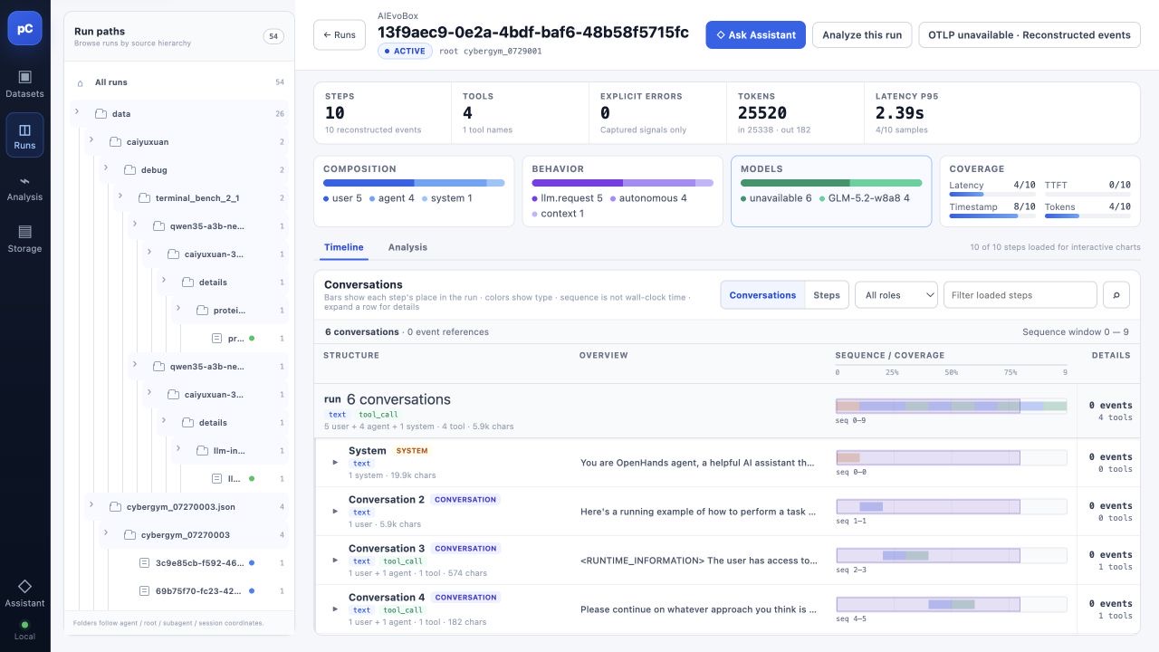 The Run detail page shows summary metrics, coverage, and ordered steps